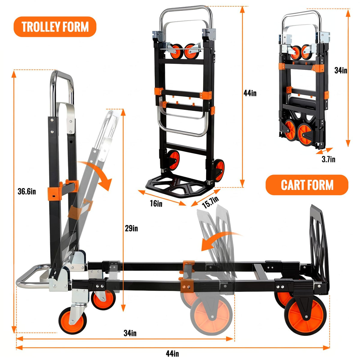 3-in-1 Convertible Hand Truck 600 lb 4 Wheels Orange M382