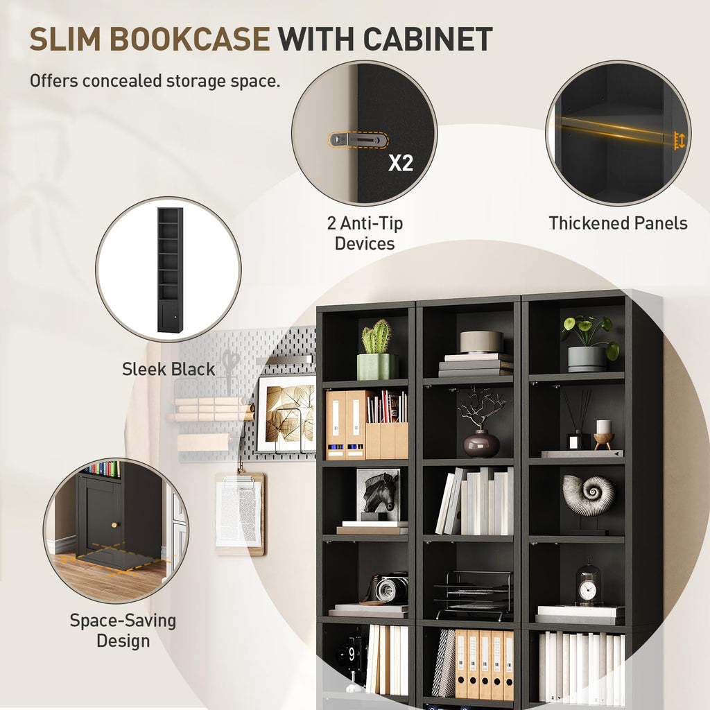 7-Tier Narrow Bookshelf with Door and Storage Cabinet, Black D174297