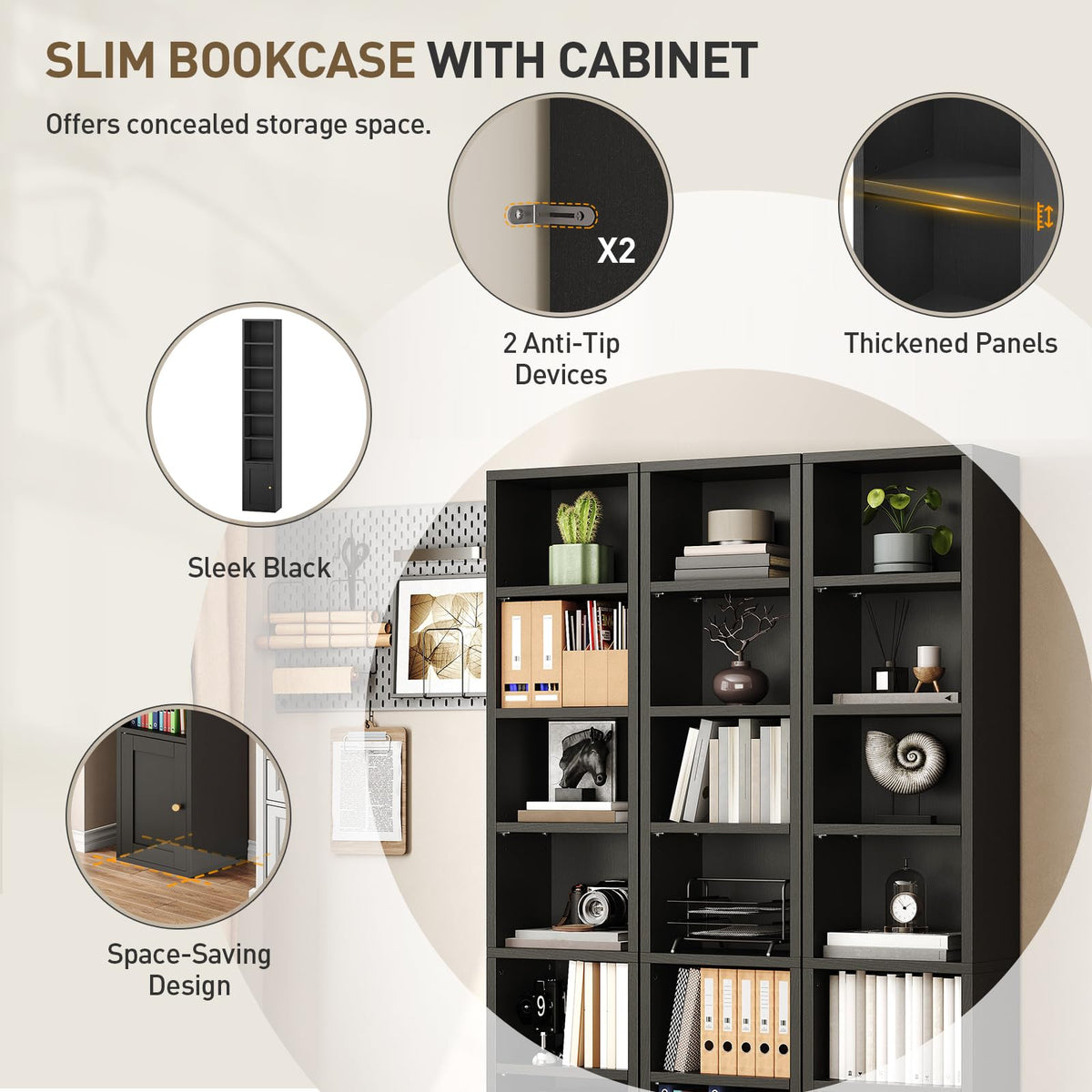 7-Tier Narrow Bookshelf with Door and Storage Cabinet, Black D174297