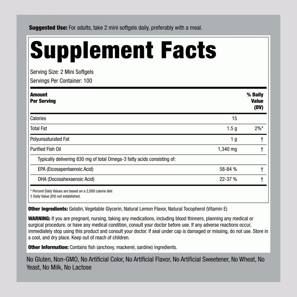 Fish Oil Omega 3 Supplement 1340 mg 200 Mini Softgels C892