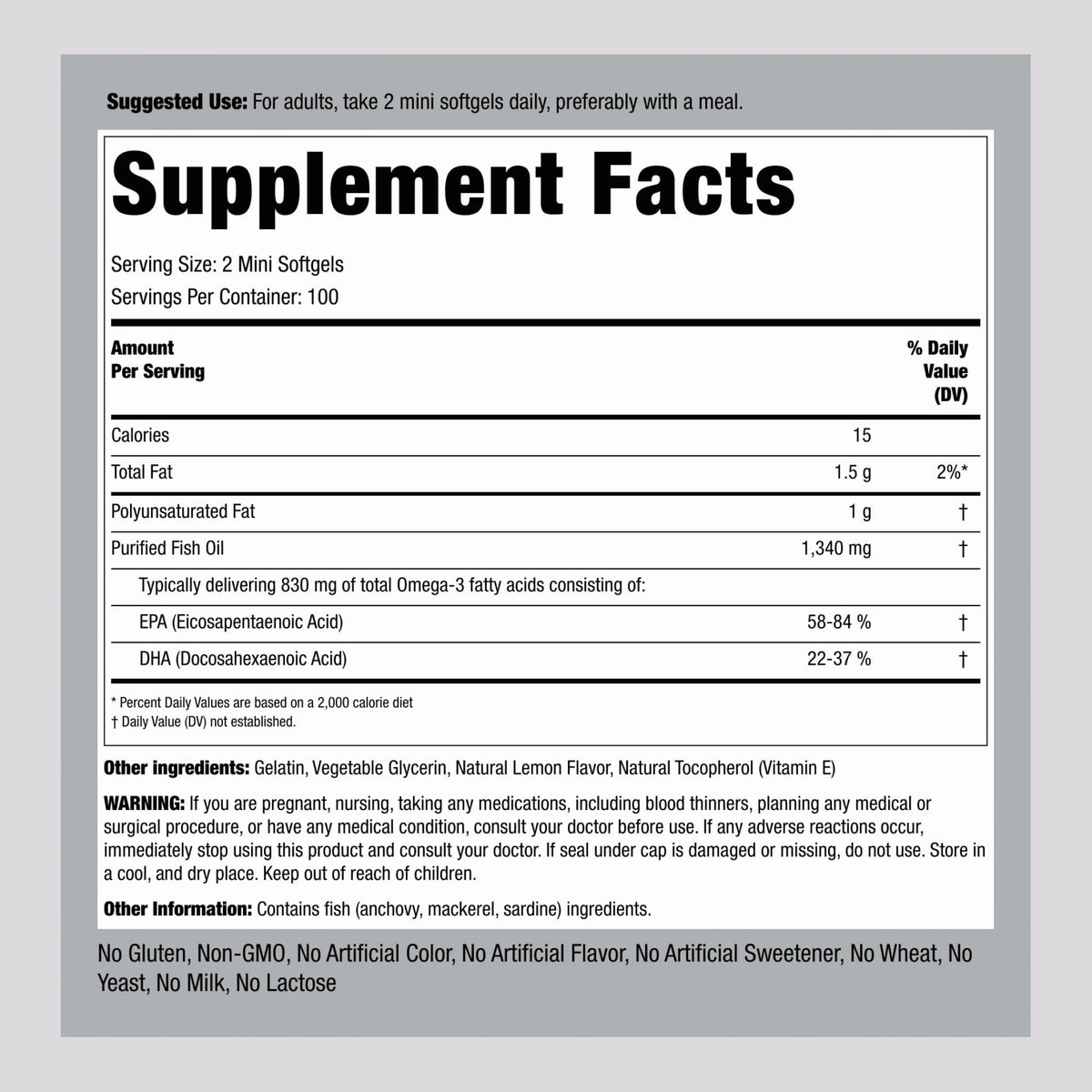 Fish Oil Omega 3 Supplement 1340 mg 200 Mini Softgels C892