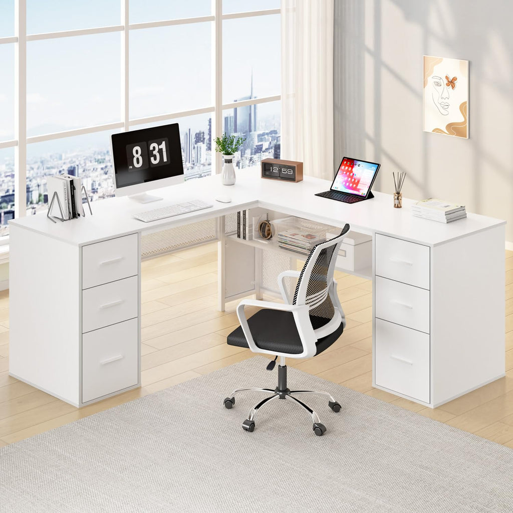 White L Shaped Desk with Drawers J1945