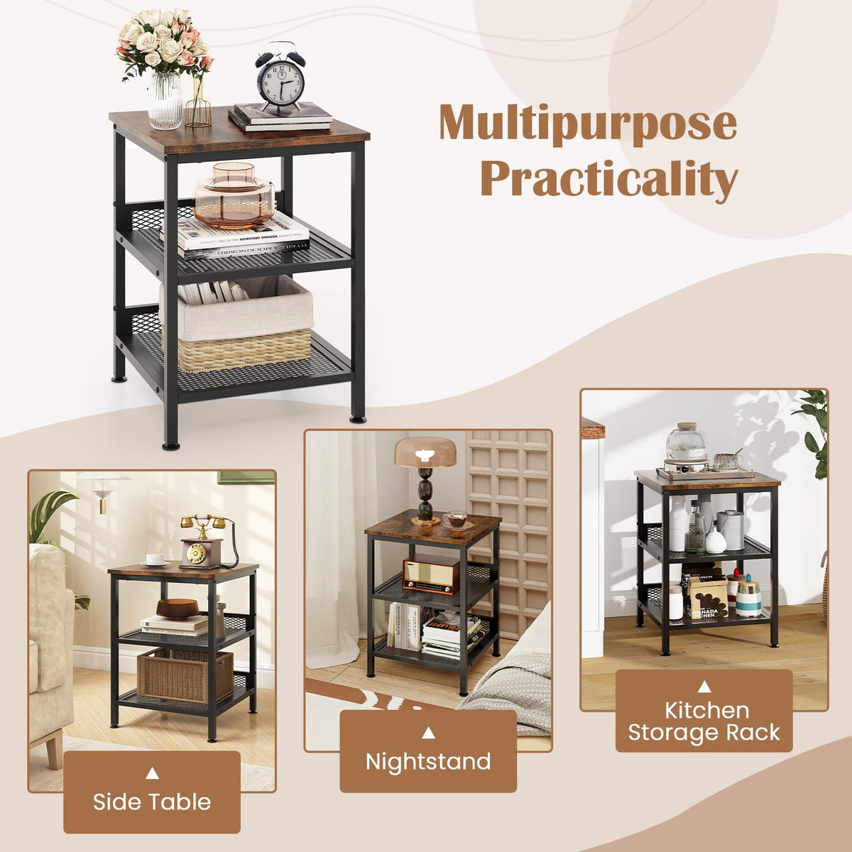 3-Tier End Table Set of 2 with Mesh Storage Shelves O825836