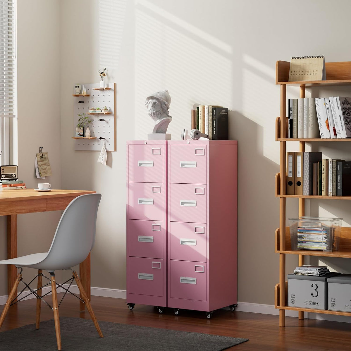 Pink 4-Drawer Metal File Cabinet with Lock and Wheels U264