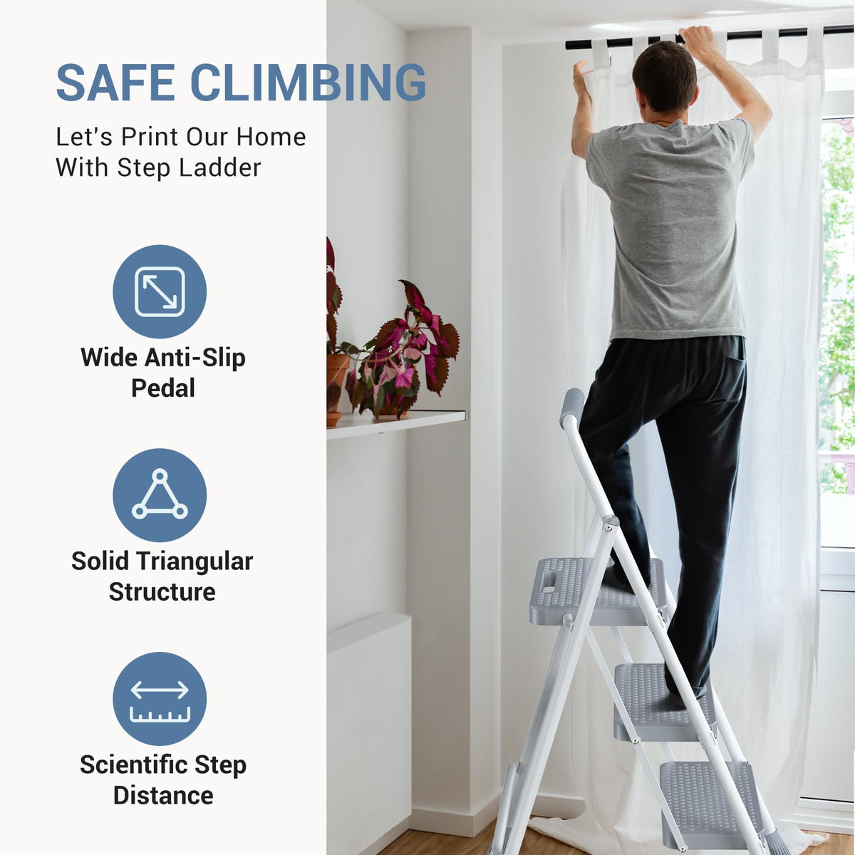 3 Step Ladder with Anti-Slip Pedal and Handrail, 800lbs, Grey U89400