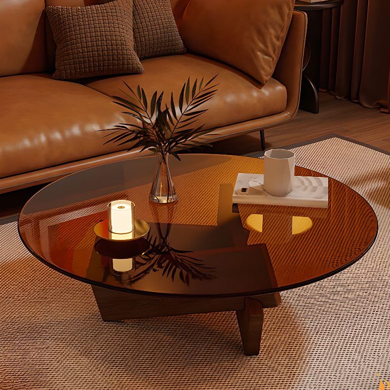 Round Glass Coffee Table with Solid Wood Abstract Base T4353