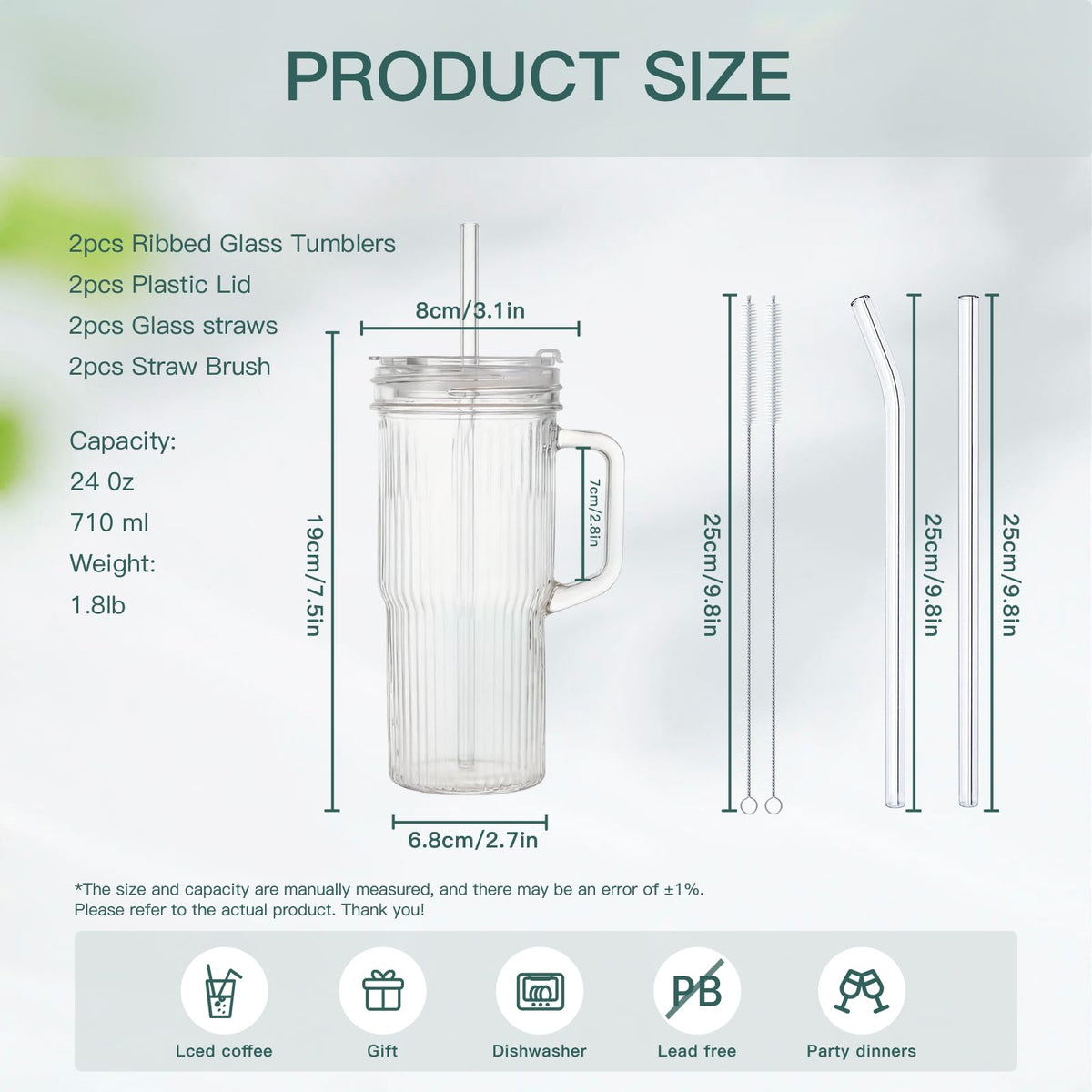 2-Pack 24oz Ribbed Glass Tumbler with Lids & Straws N688883