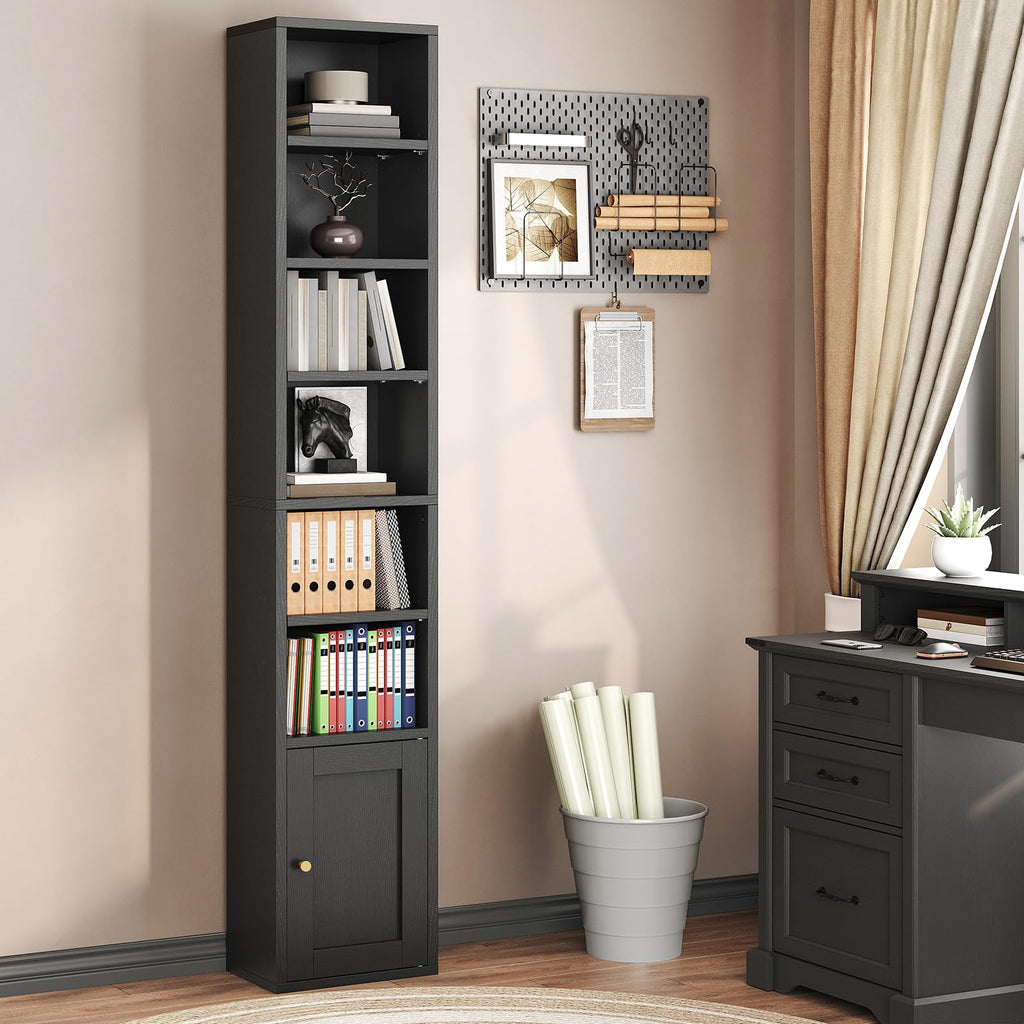 7-Tier Narrow Bookshelf with Door and Storage Cabinet, Black D174297