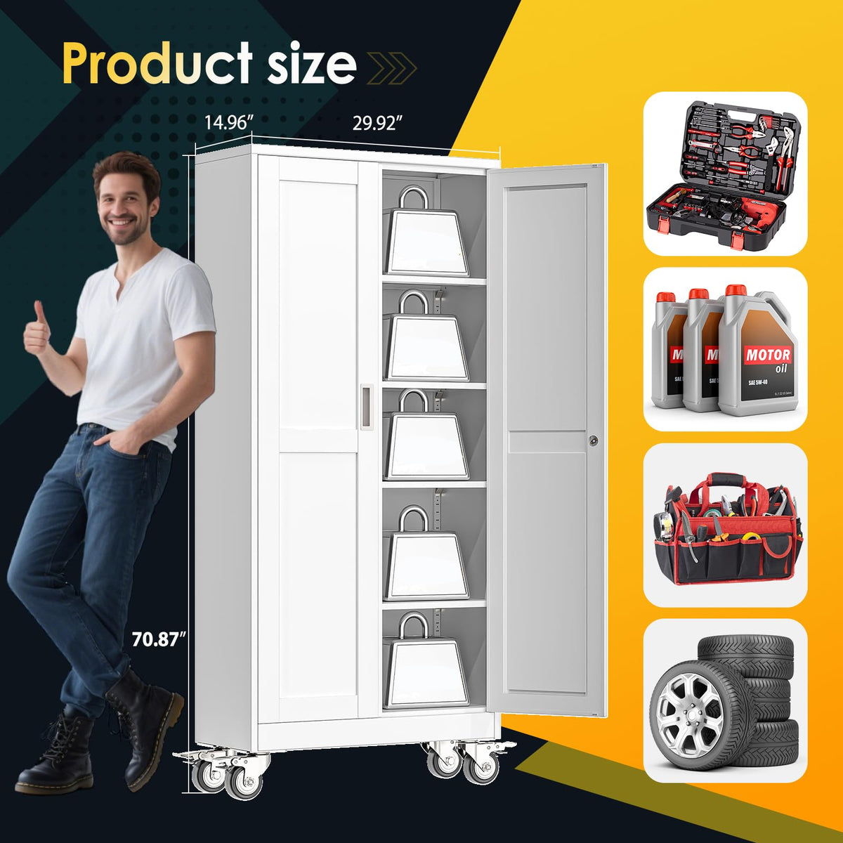 71''H White Metal Storage Cabinet with Wheels T6351