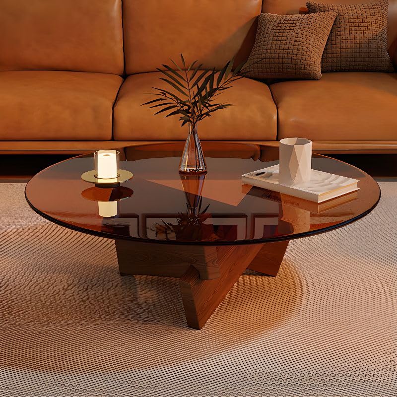 Round Glass Coffee Table with Solid Wood Abstract Base T4353