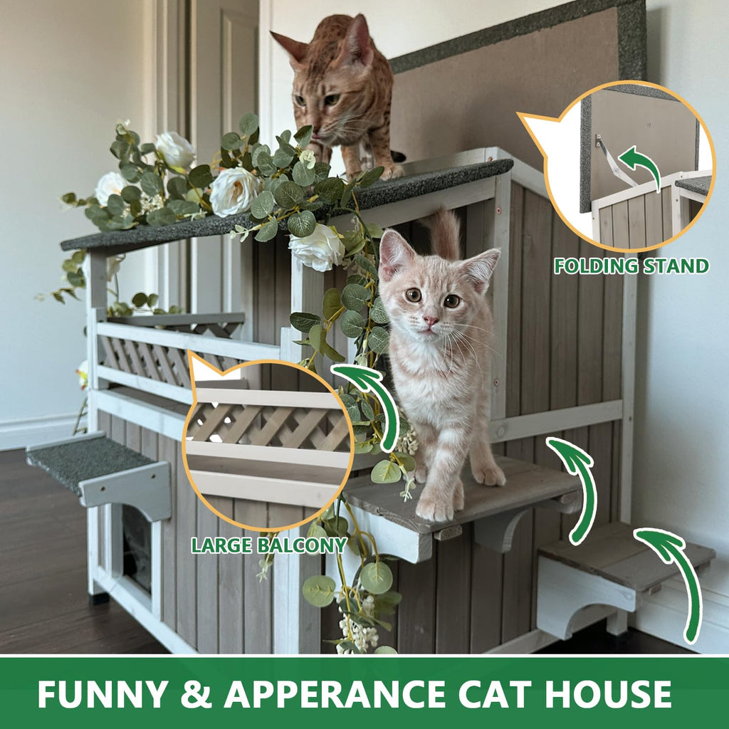 Weatherproof 2-Story Outdoor Cat House with Balcony E718