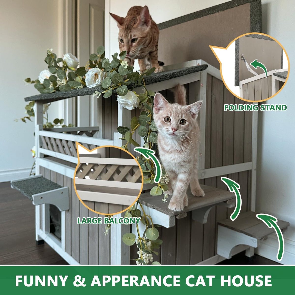 Weatherproof 2-Story Outdoor Cat House with Balcony E718