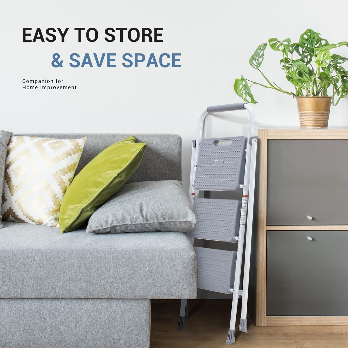 3 Step Ladder with Anti-Slip Pedal and Handrail, 800lbs, Grey U89400