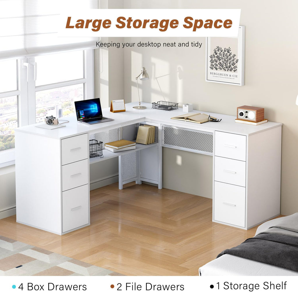 White L Shaped Desk with Drawers J1945