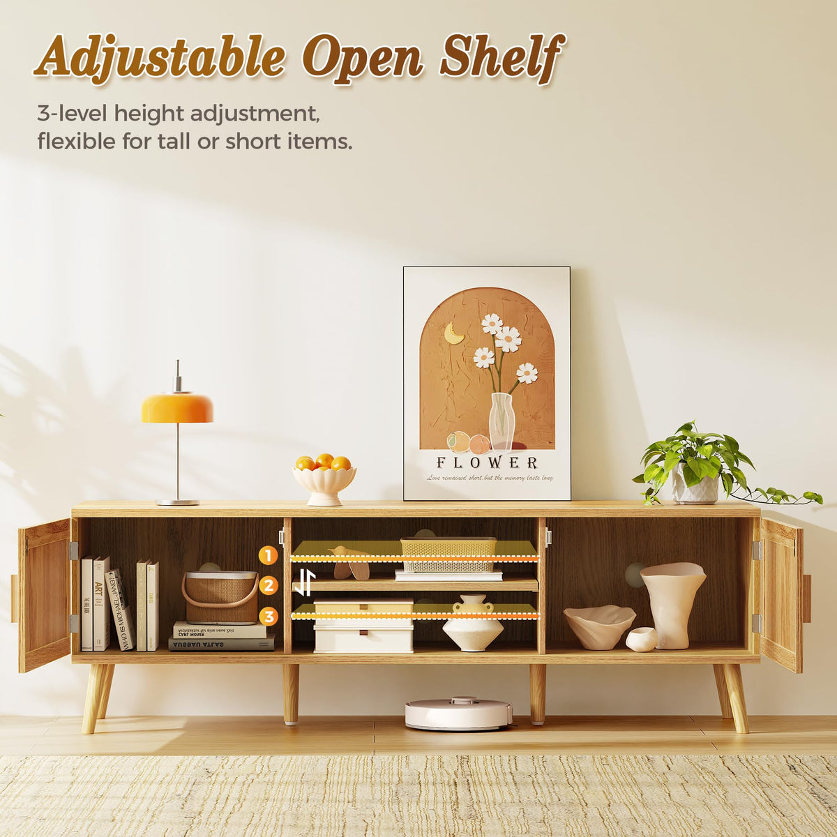 65 Inch Rattan TV Stand with Adjustable Shelf and 2 Cabinets R721888