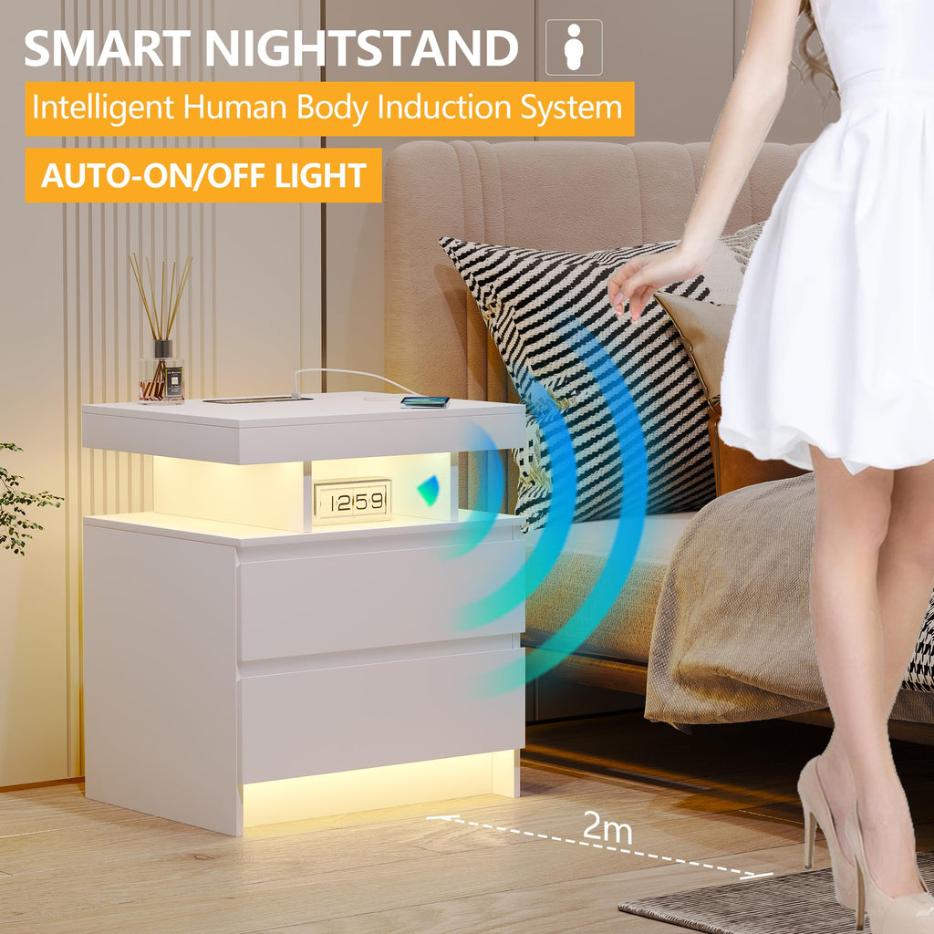 LED Nightstand with Charging Station White N442