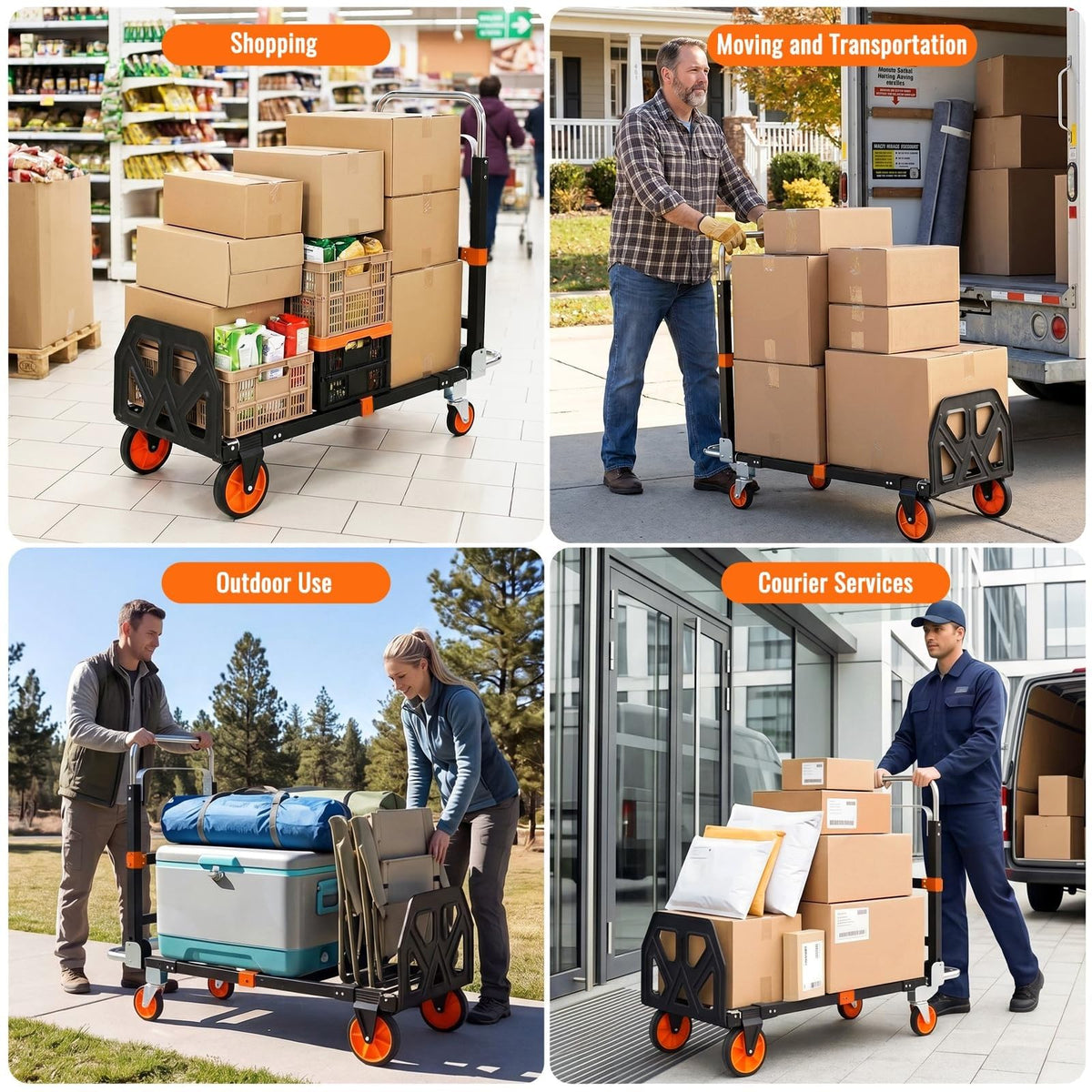 3-in-1 Convertible Hand Truck 600 lb 4 Wheels Orange M382