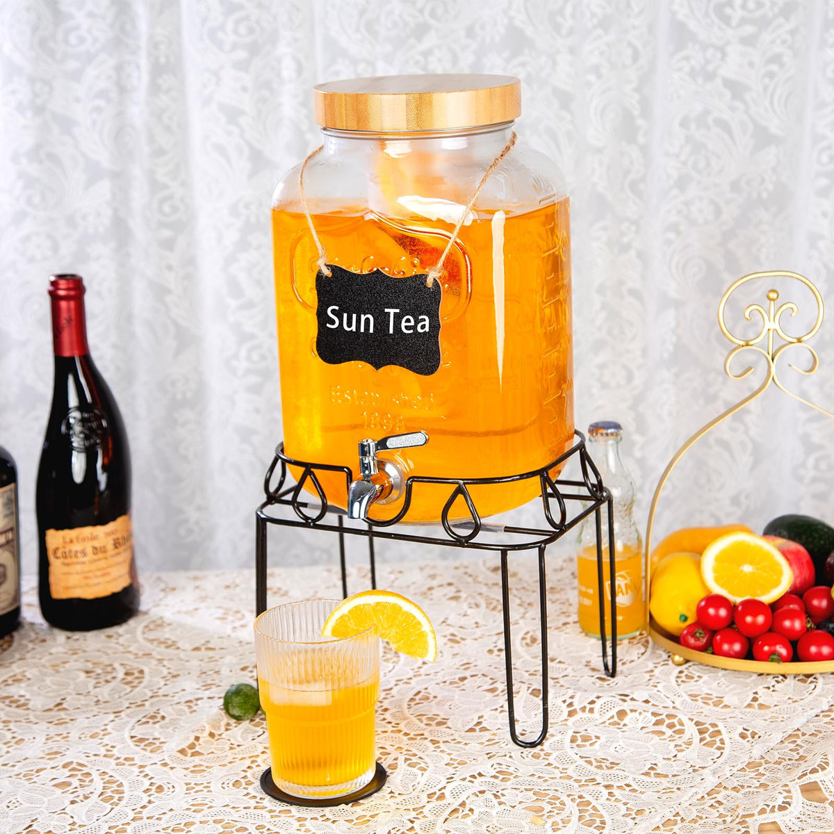 2 Gallon Glass Drink Dispenser with Stand and Bamboo Lid E588431