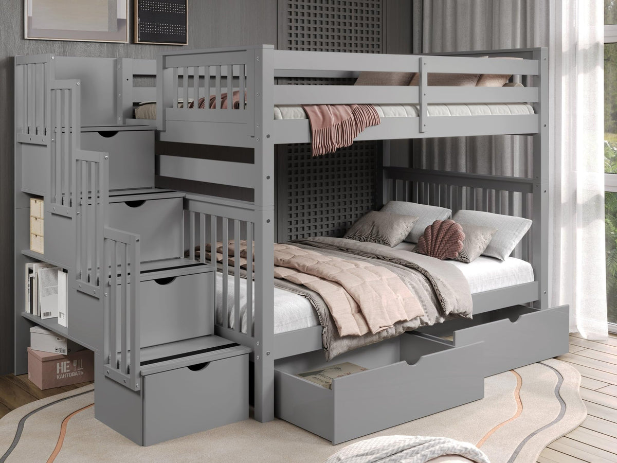 Full Over Full Gray Bunk Beds with Drawers K1657