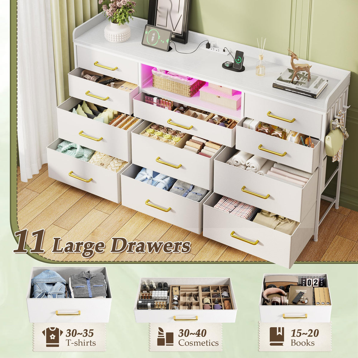 LED Dresser with Charging Station, 11 Drawers & 4 Hooks J2372