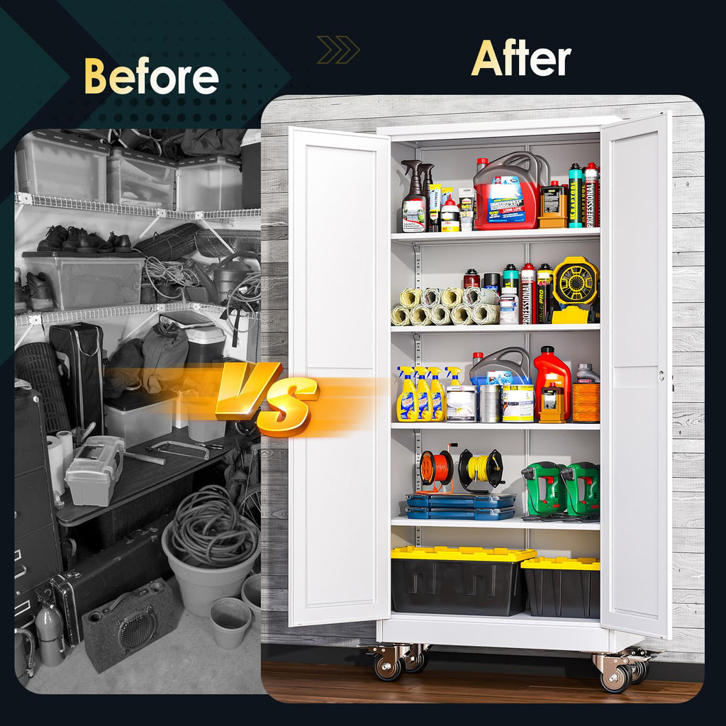 71''H White Metal Storage Cabinet with Wheels T6351