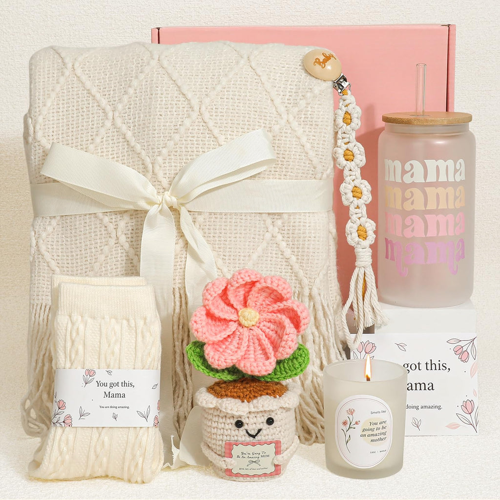 Mom Gift Basket with Blanket, Glass Cup, Candle, Socks & Crochet Flower H88529
