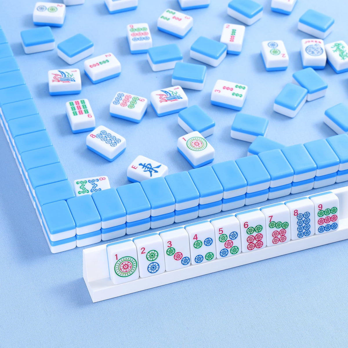 Mini Mahjong Set with 166 Blue Tiles, 4 Racks & Bag R407178