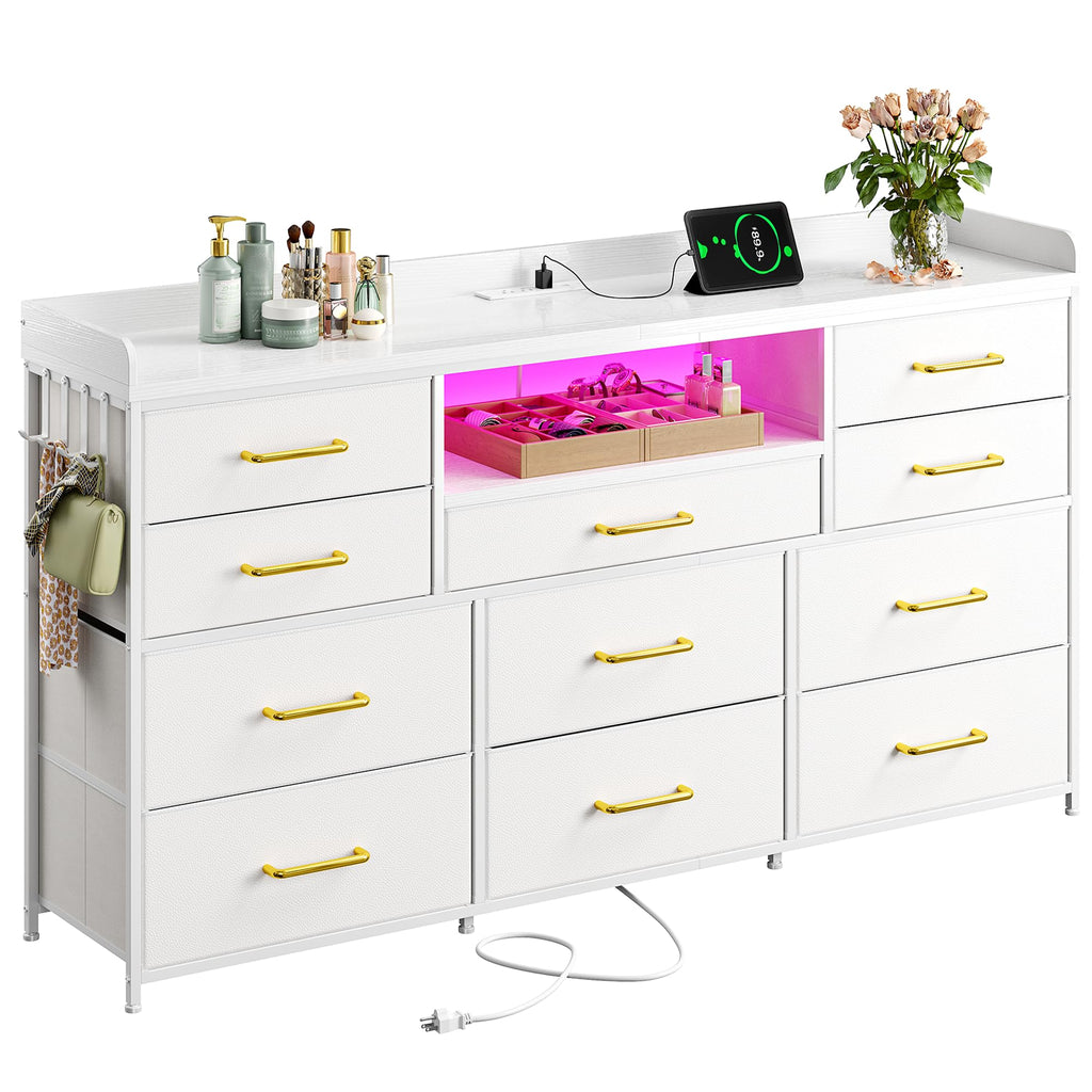 LED Dresser with Charging Station, 11 Drawers & 4 Hooks J2372