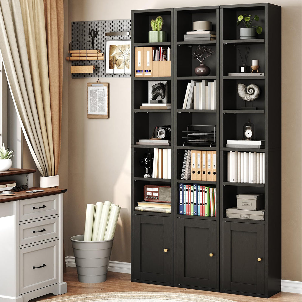 7-Tier Narrow Bookshelf with Door and Storage Cabinet, Black D174297