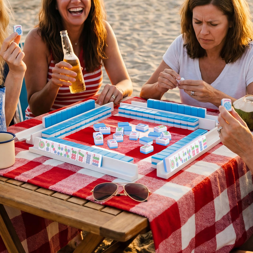 Mini Mahjong Set with 166 Blue Tiles, 4 Racks & Bag R407178