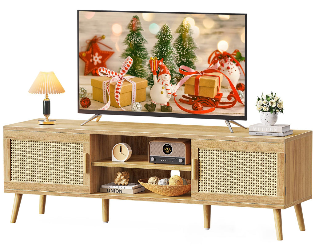 65 Inch Rattan TV Stand with Adjustable Shelf and 2 Cabinets R721888