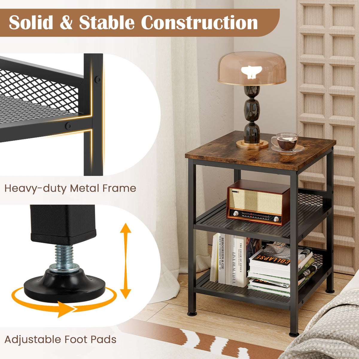 3-Tier End Table Set of 2 with Mesh Storage Shelves O825836