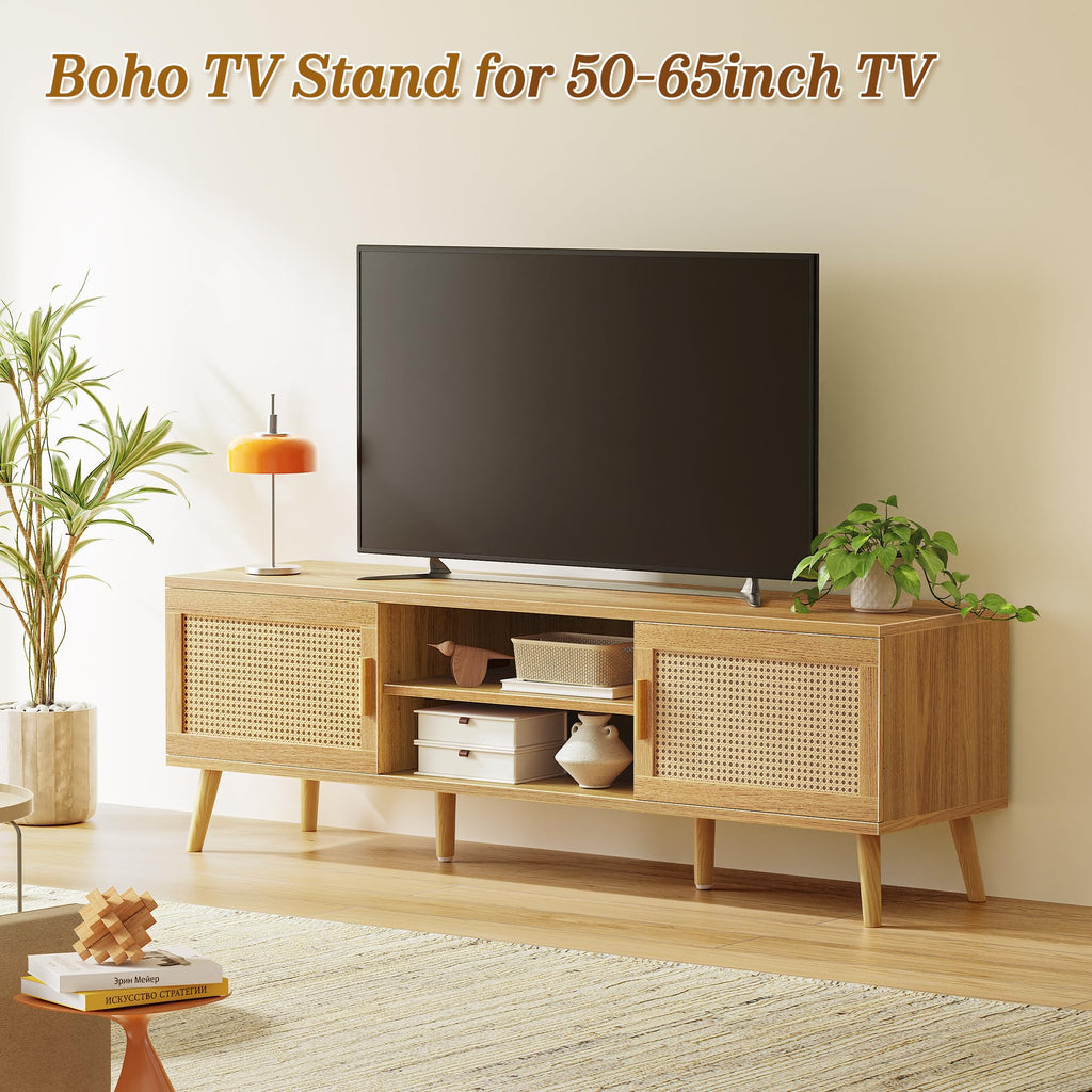 65 Inch Rattan TV Stand with Adjustable Shelf and 2 Cabinets R721888