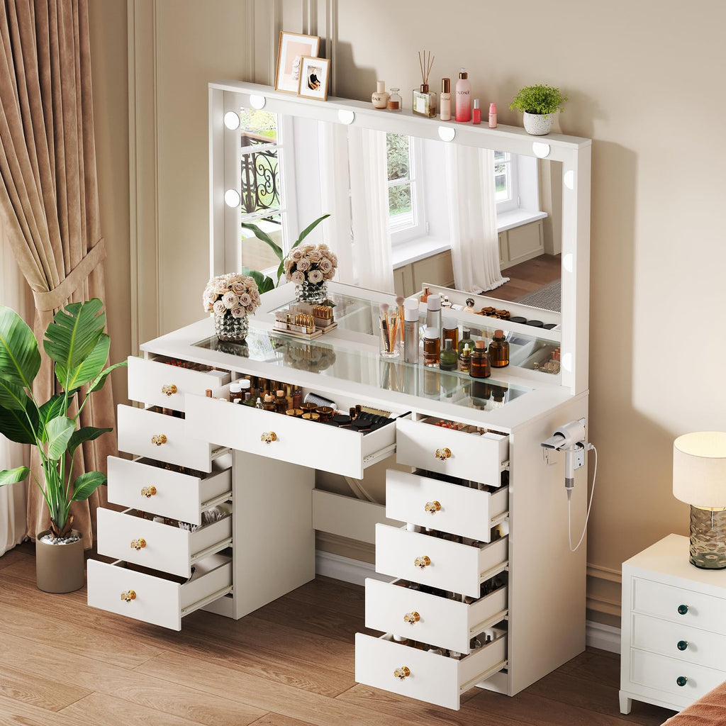 White Vanity Desk with Mirror and 10 LED Lights G17765
