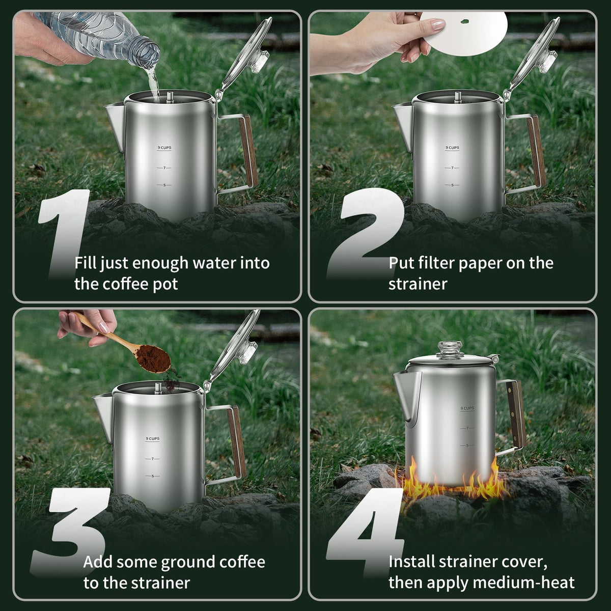 9 Cups Stainless Steel Coffee Percolator with 100pcs Coffee Filters Z82434