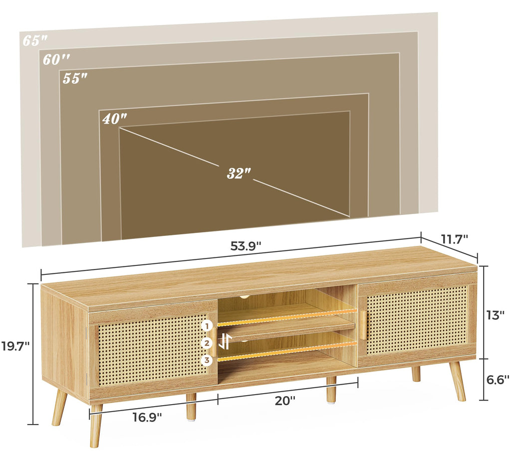 65 Inch Rattan TV Stand with Adjustable Shelf and 2 Cabinets R721888