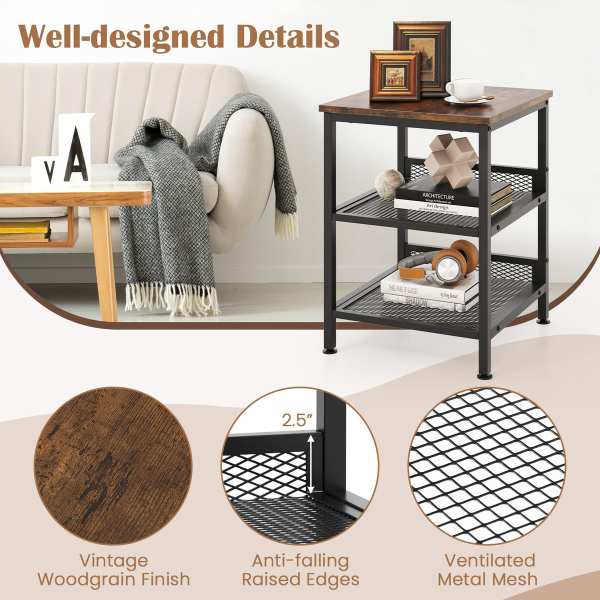 3-Tier End Table Set of 2 with Mesh Storage Shelves O825836