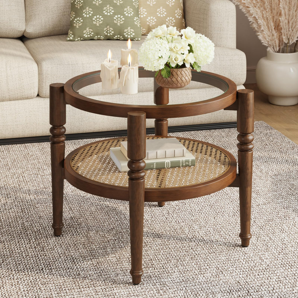 Round 22" Solid Wood Glass Top Coffee Table L38402