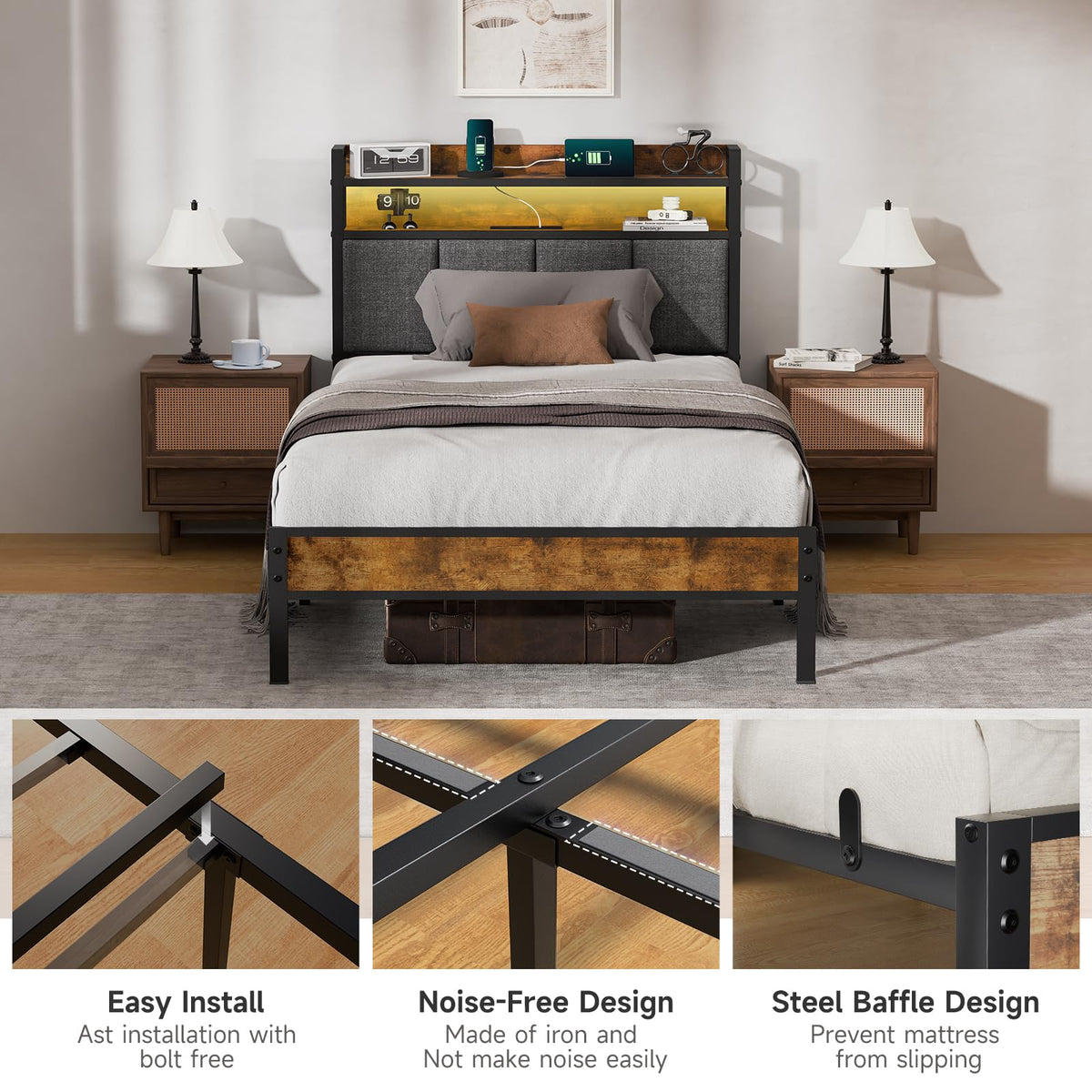Twin Bed Frame with Upholstered Headboard P3400