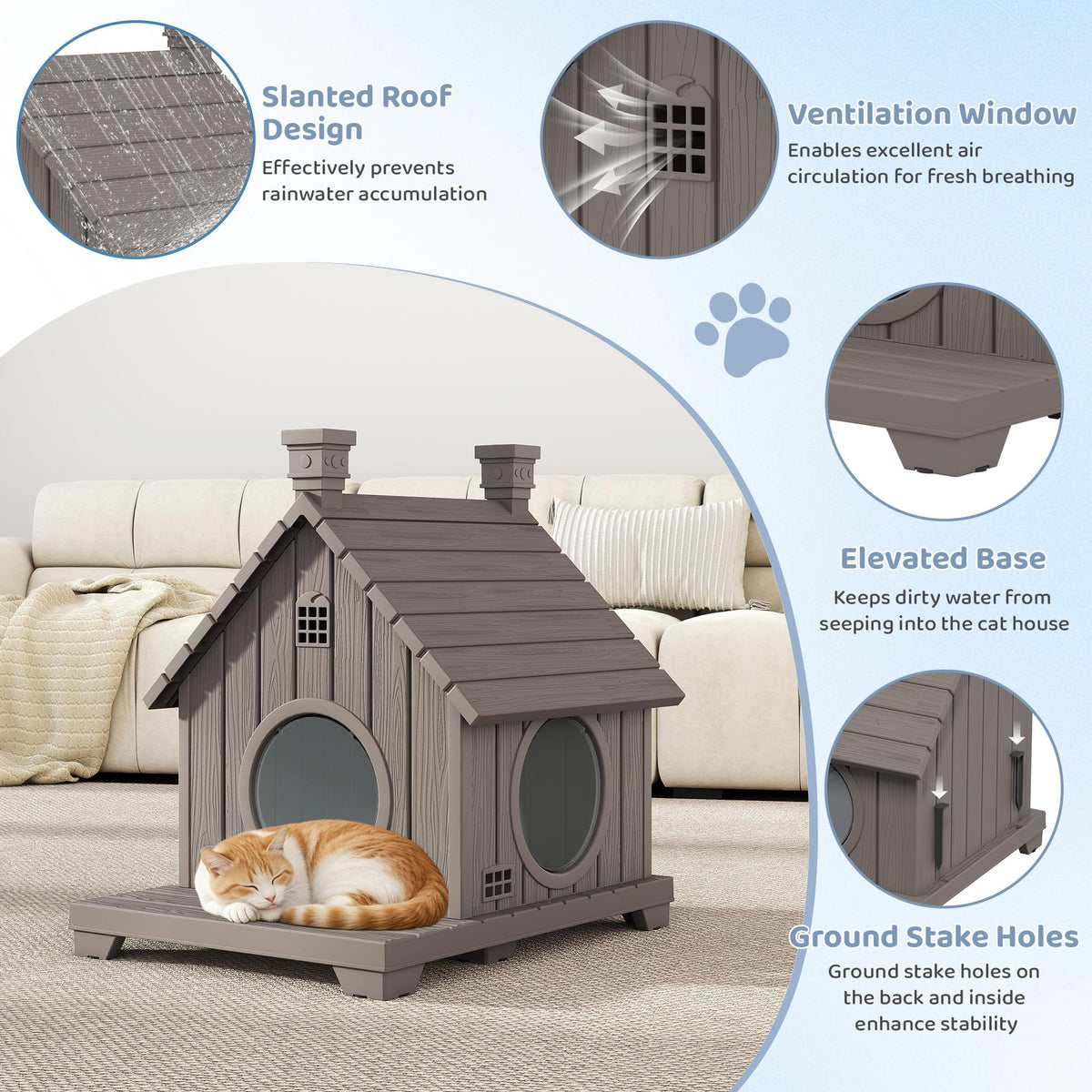 Weatherproof Resin Outdoor Cat House with Elevated Base N94282