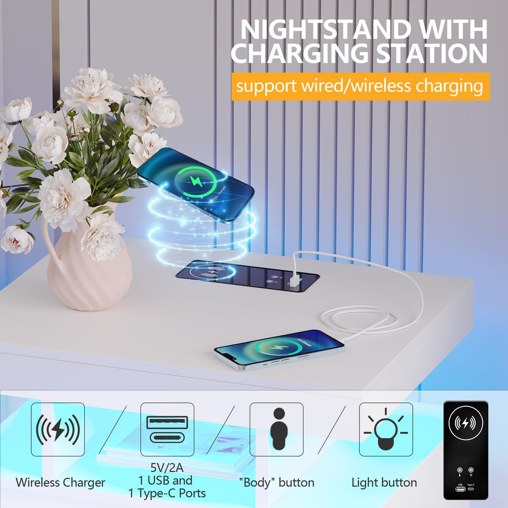 LED Nightstand with Charging Station White N442