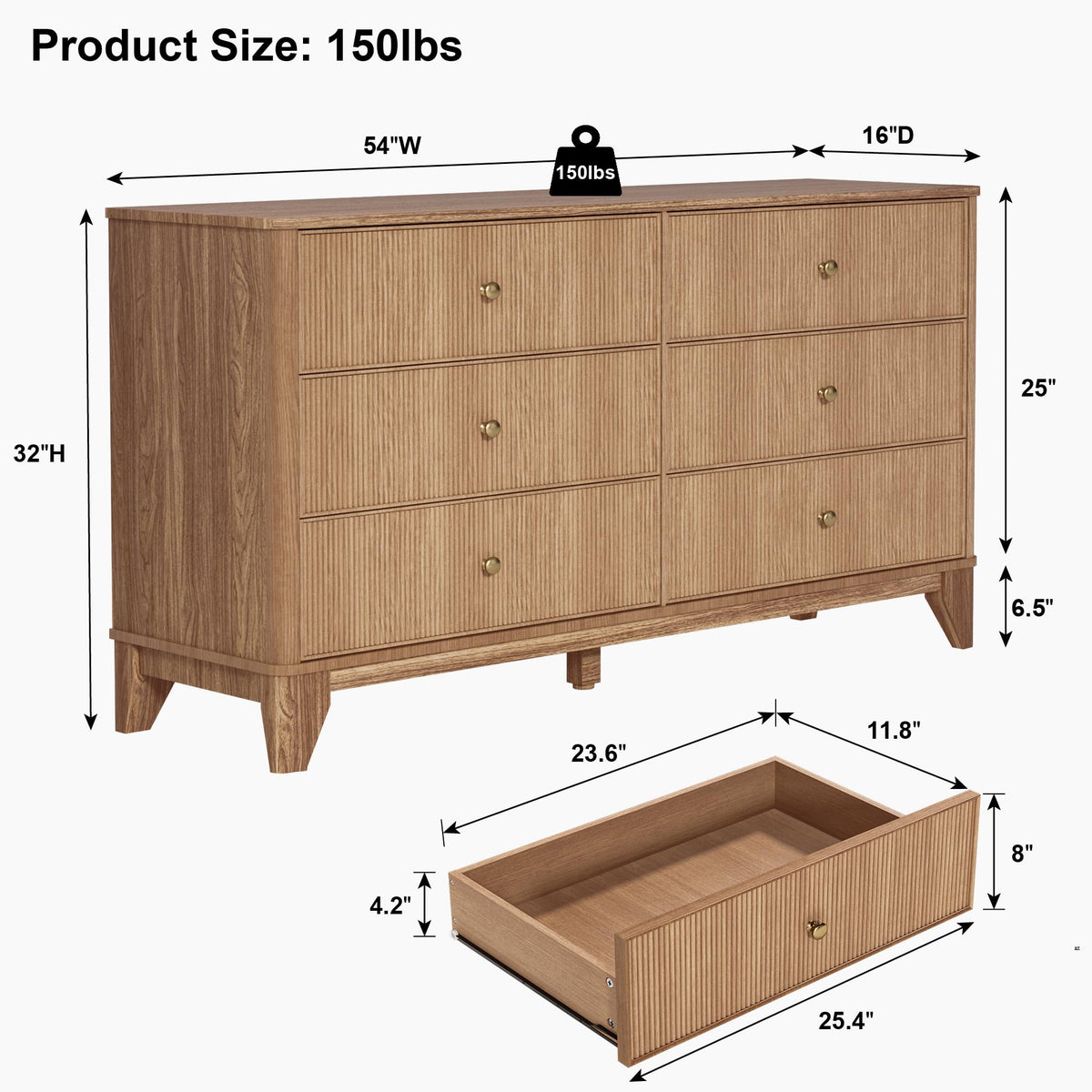 Fluted 6 Drawer Wood Dresser O963