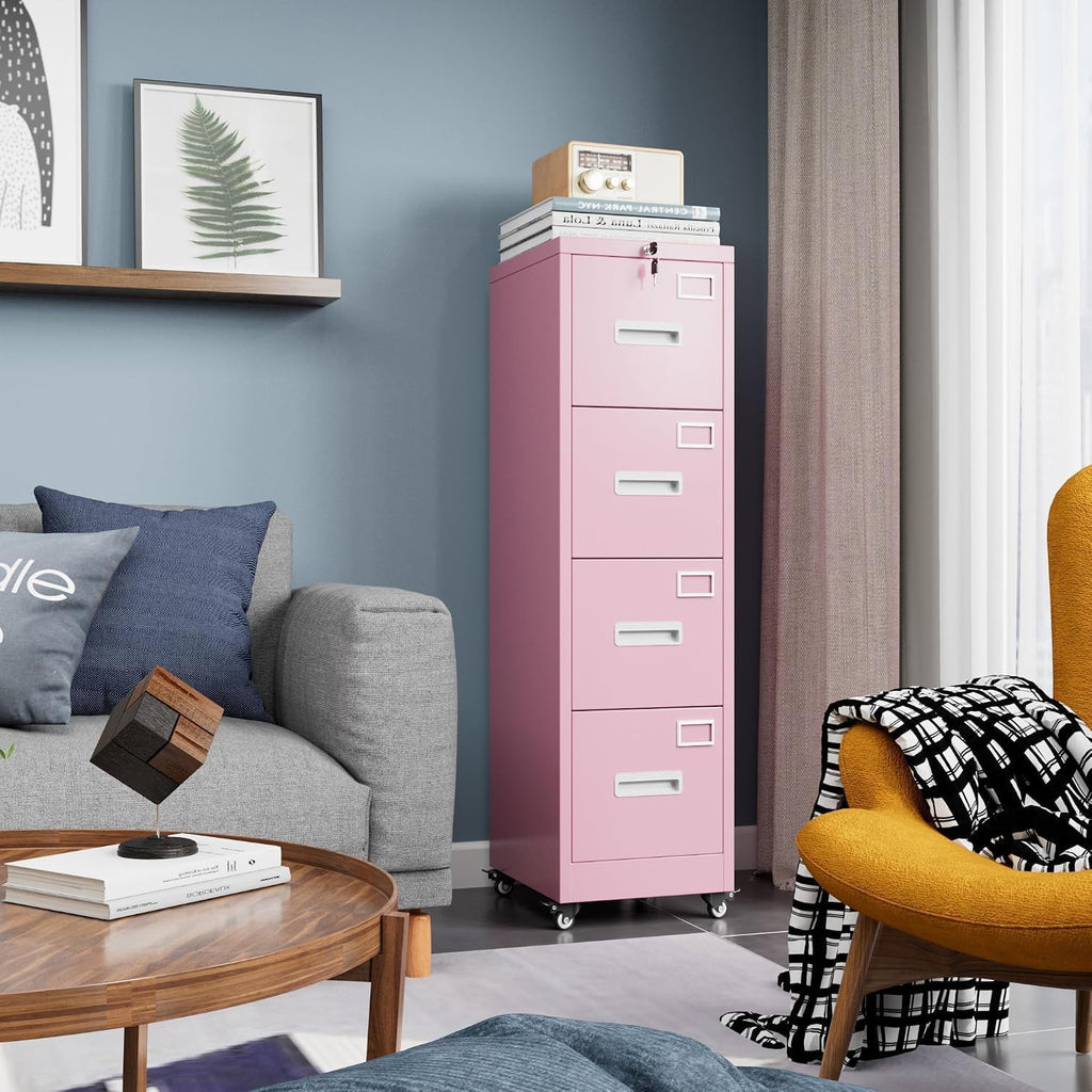 Pink 4-Drawer Metal File Cabinet with Lock and Wheels U264