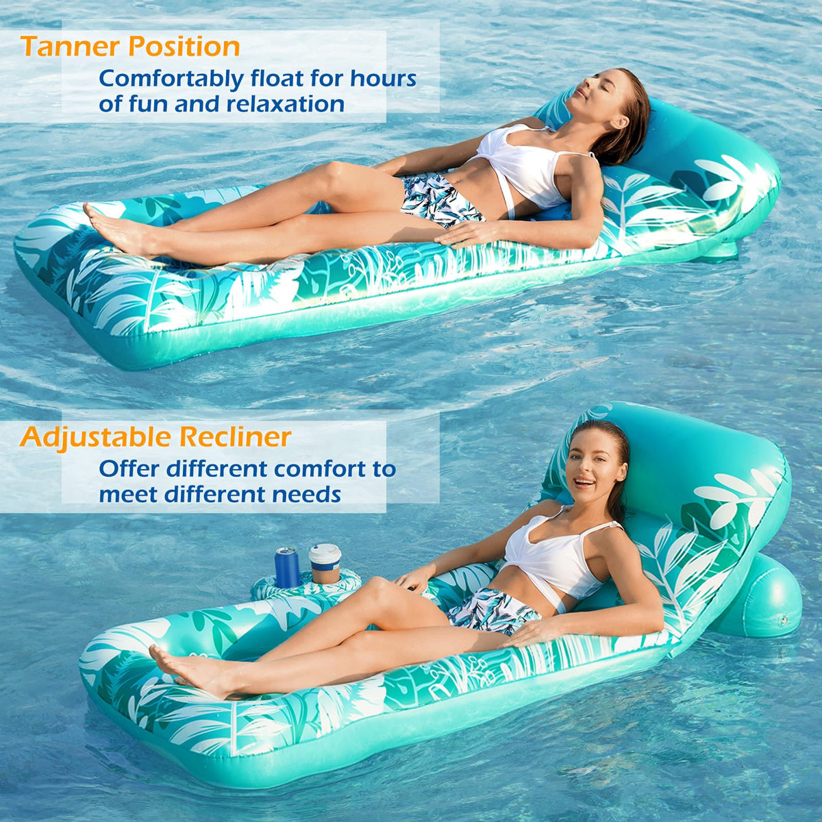 Inflatable Pool Float Lounger with Adjustable Backrest Cup Holders U58214