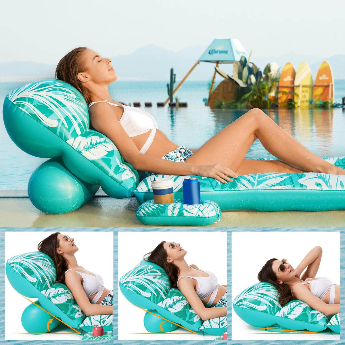 Inflatable Pool Float Lounger with Adjustable Backrest Cup Holders U58214