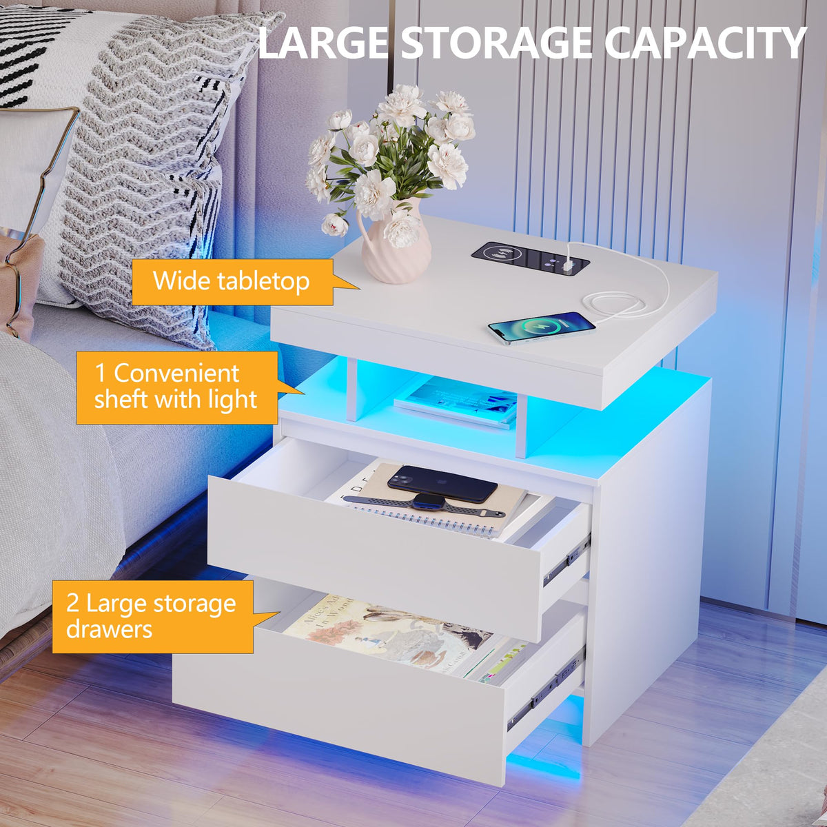 LED Nightstand with Charging Station White N442