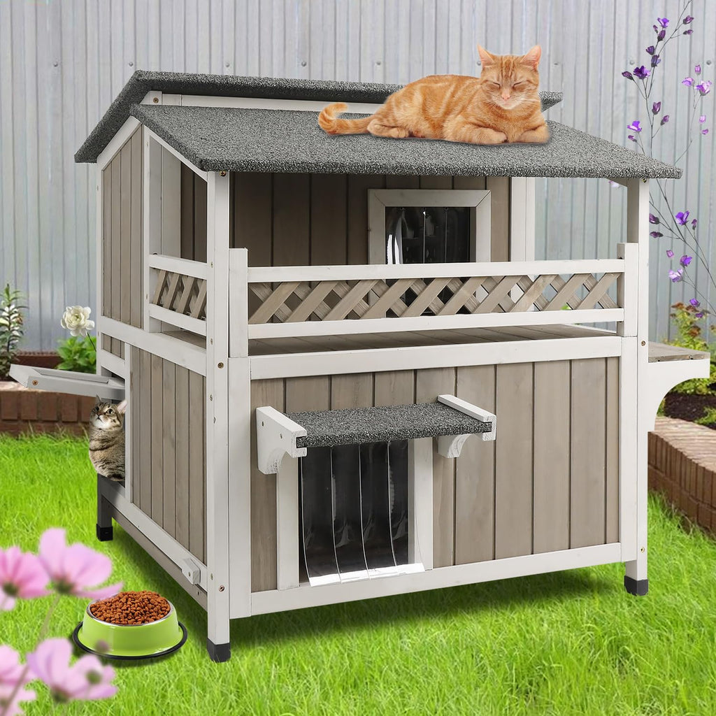 Weatherproof 2-Story Outdoor Cat House with Balcony E718