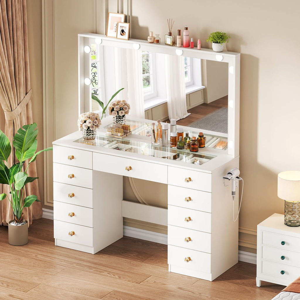 White Vanity Desk with Mirror and 10 LED Lights G17765