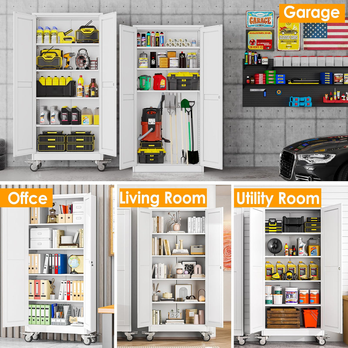 71''H White Metal Storage Cabinet with Wheels T6351