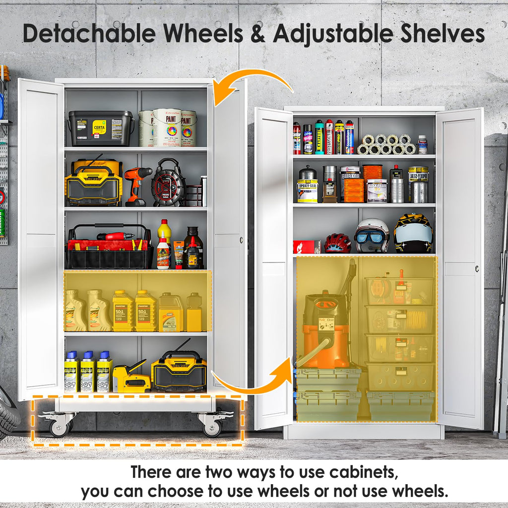 71''H White Metal Storage Cabinet with Wheels T6351
